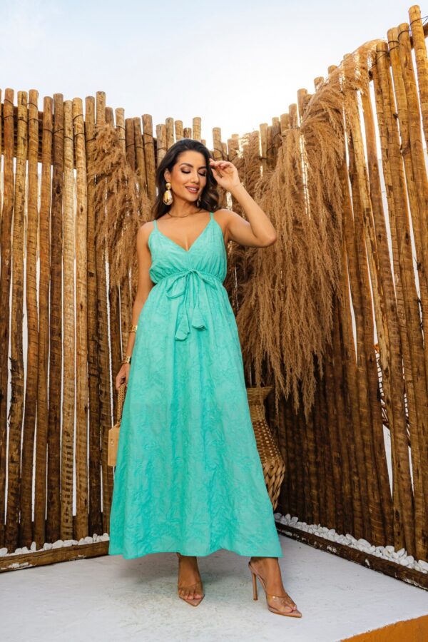 Vestido Verde Agua Longo Liso com Flores