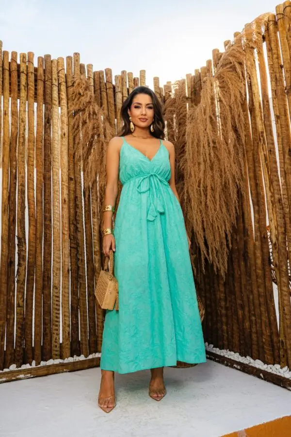 Vestido Verde Agua Longo Liso com Flores - Image 11