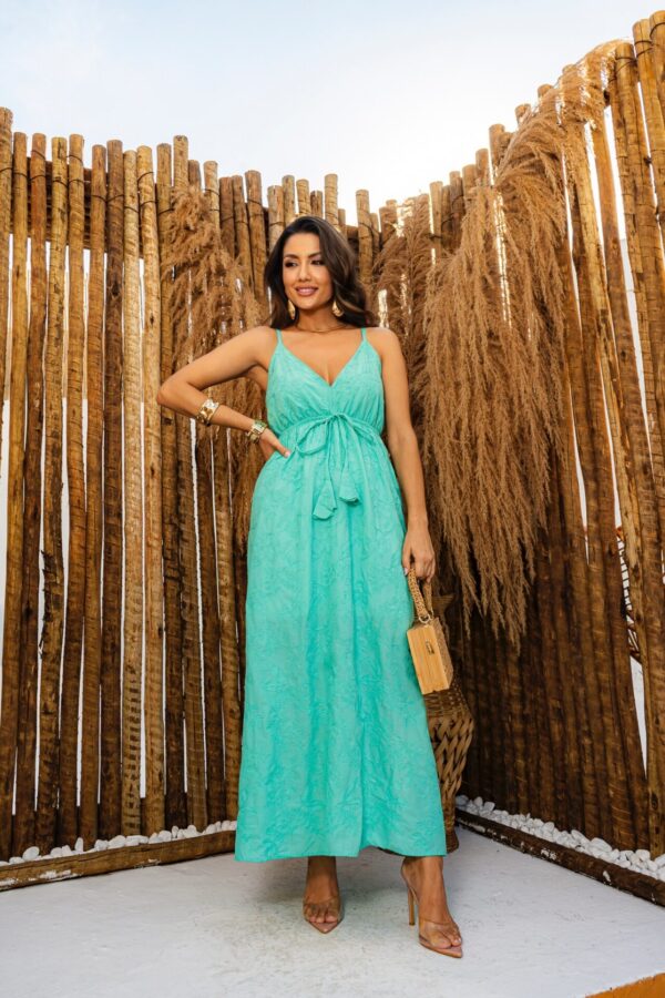 Vestido Verde Agua Longo Liso com Flores - Image 10