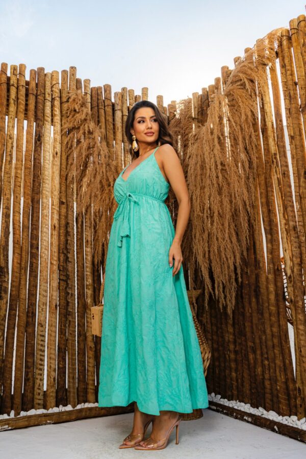 Vestido Verde Agua Longo Liso com Flores - Image 9