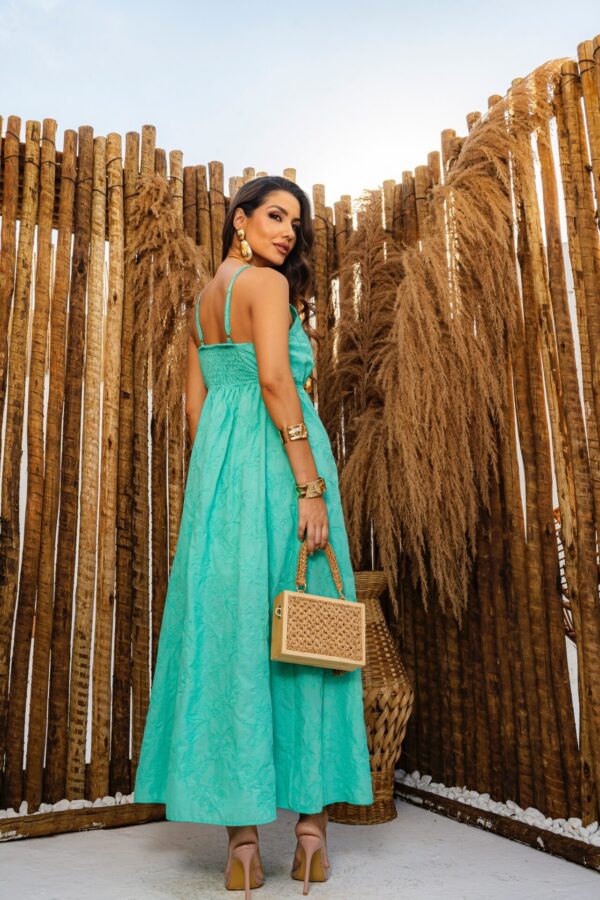 Vestido Verde Agua Longo Liso com Flores - Image 5